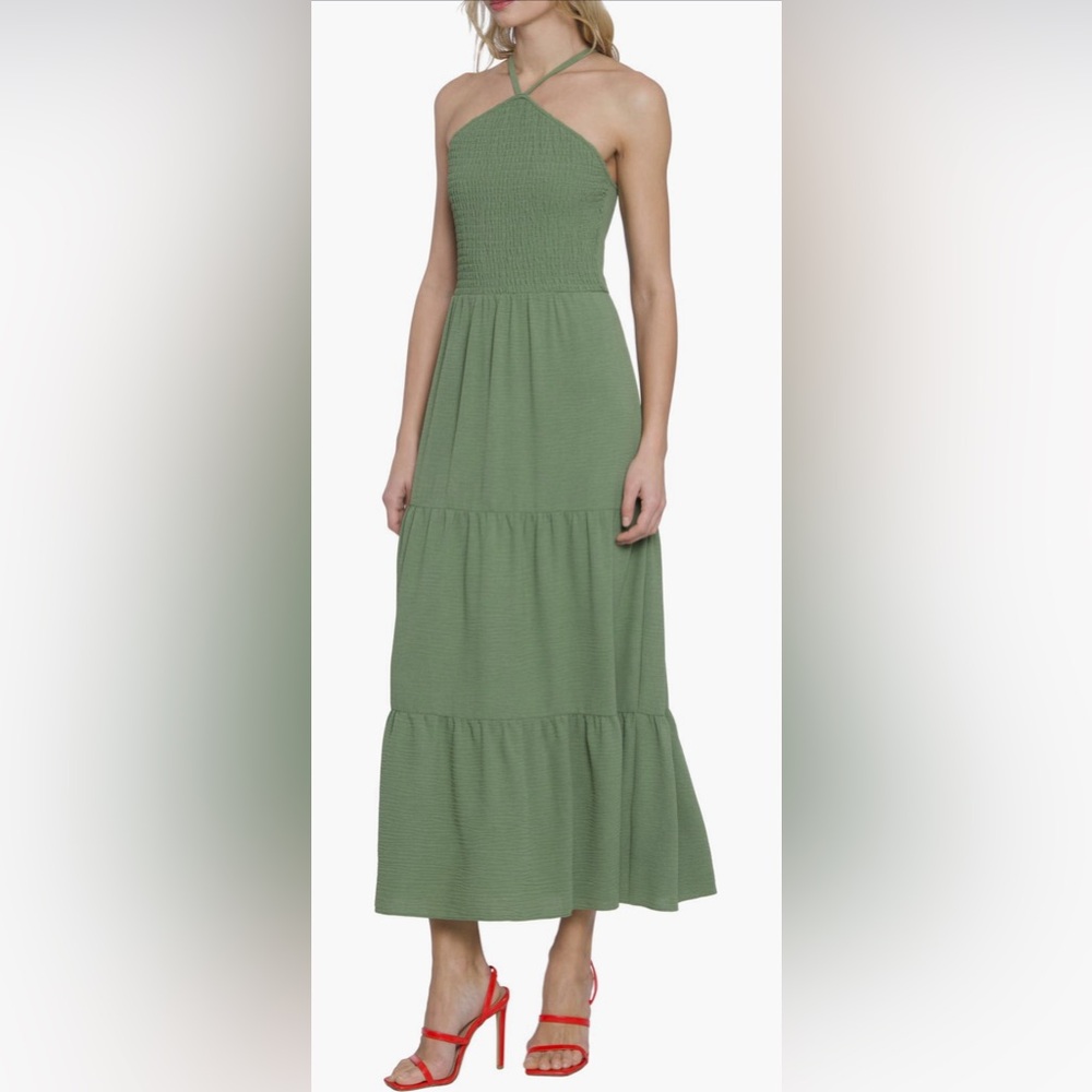 Donna Morgan Smocked Green Halter Tiered Maxi Dress